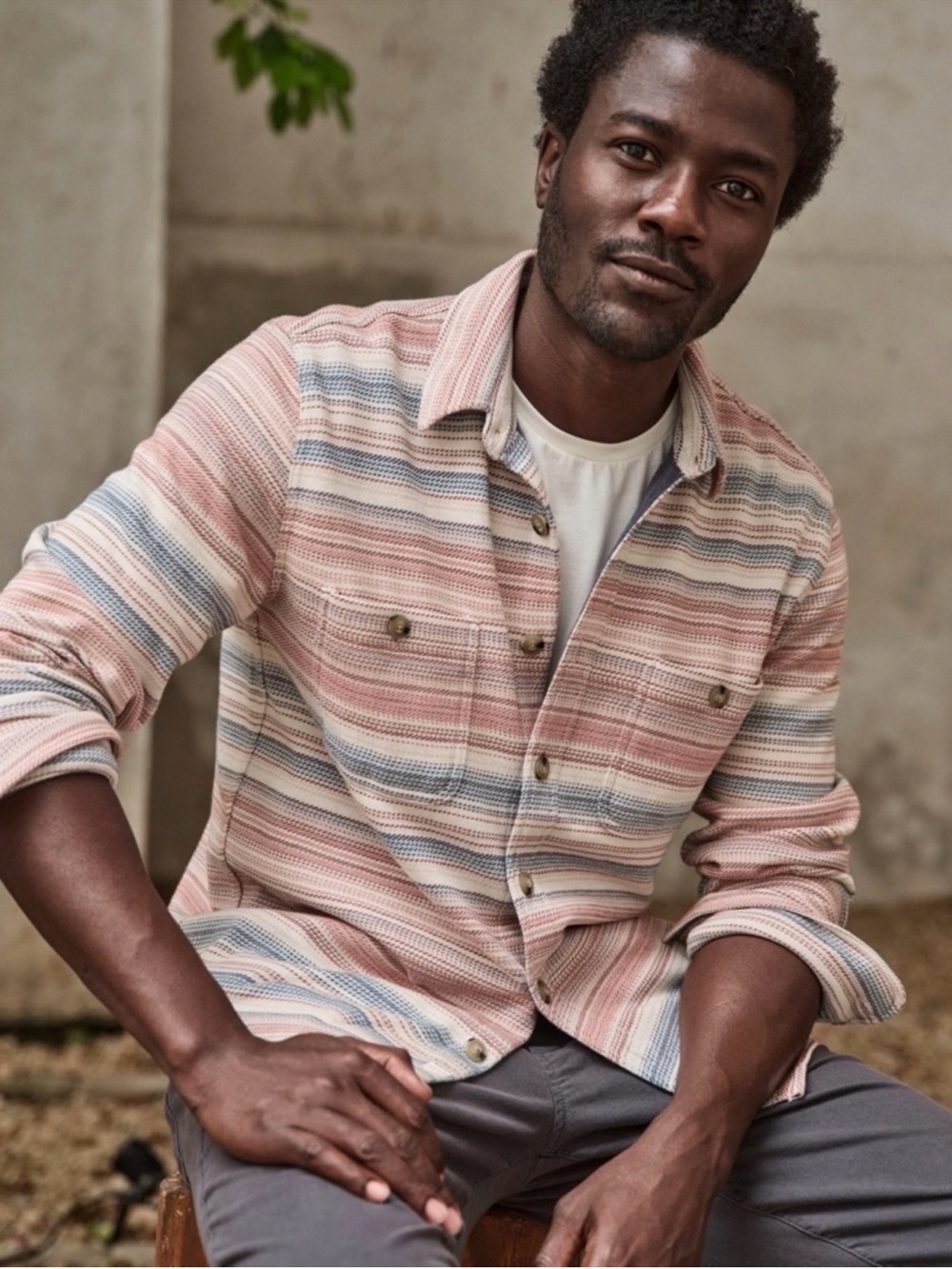 MARINE LAYER Mens Pacifica Stretch Twill Shirt Warm Baja Stripe Medium NWT